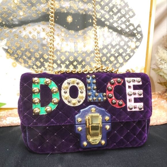 NWOT Dolce&Gabbana Lucia Studded Mixed-Media Velvet Shoulder Bag W/ Dust Bag - Picture 7 of 16